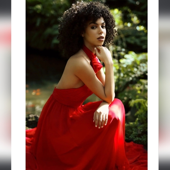 NWT! Ieena for Mac Duggal, Asymmetrical Halter Tiered A Line Gown, Red, Size 2 - Picture 6 of 13